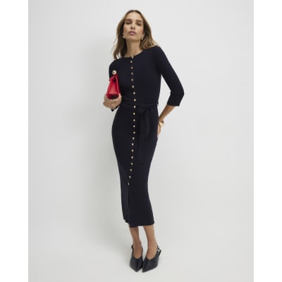 Navy Belted Ribbed Knit Midi Dress