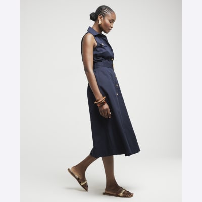 Navy Belted Sleeveless Midi Shirt Dress River Island