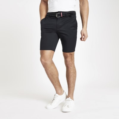 Navy belted slim fit chino shorts 