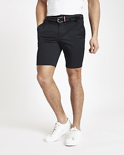 Navy belted slim fit chino shorts