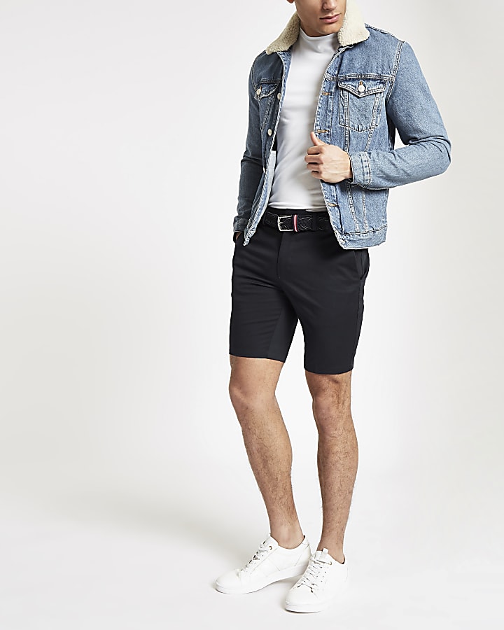 Navy belted slim fit chino shorts
