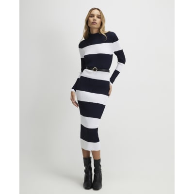 Navy Belted Stripe Midi Dress