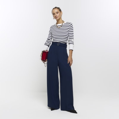 Navy belted wide leg trousers