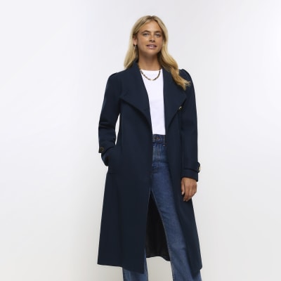 Navy belted wrap coat | River Island