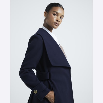 Navy Belted Wrap Coat River Island