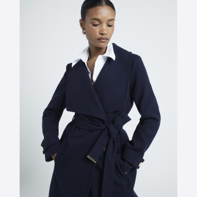 River Island Womens Navy Belted Wrap Coat Size 14