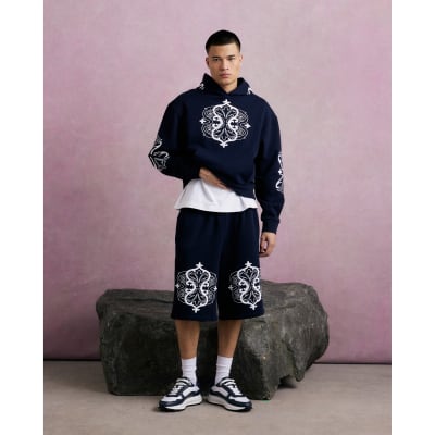 Navy Bermuda Baroque Embroidered Shorts