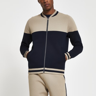 Navy blocked jersey bomber jacket | River Island