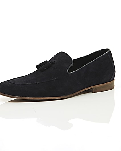 360 degree animation of product Navy blue suede tassel loafers frame-0