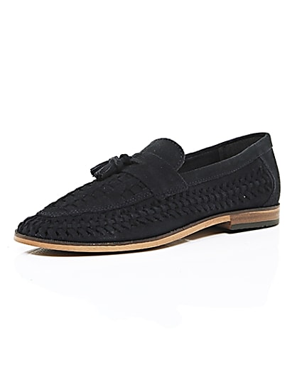 360 degree animation of product Navy blue woven suede loafers frame-0