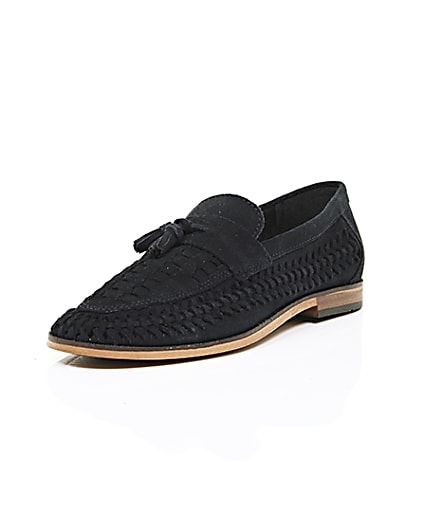 360 degree animation of product Navy blue woven suede loafers frame-1