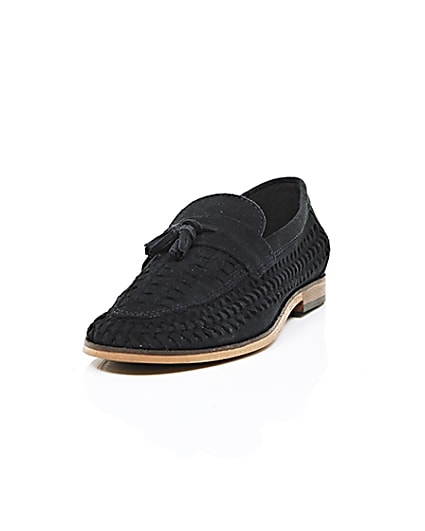 360 degree animation of product Navy blue woven suede loafers frame-2