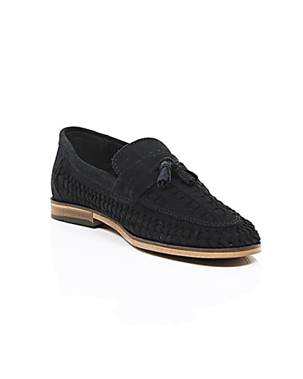 360 degree animation of product Navy blue woven suede loafers frame-6