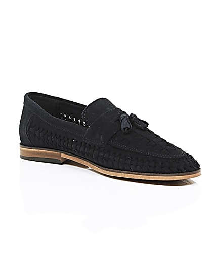 360 degree animation of product Navy blue woven suede loafers frame-7