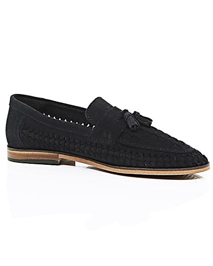 360 degree animation of product Navy blue woven suede loafers frame-8