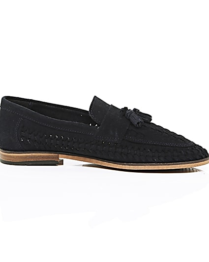 360 degree animation of product Navy blue woven suede loafers frame-9