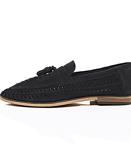 360 degree animation of product Navy blue woven suede loafers frame-22