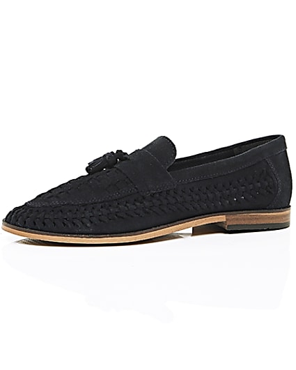 360 degree animation of product Navy blue woven suede loafers frame-23