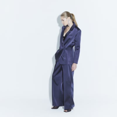 Navy Bonded Satin Wide Leg Trousers