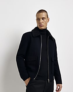 Navy borg collar zip up wool blend jacket