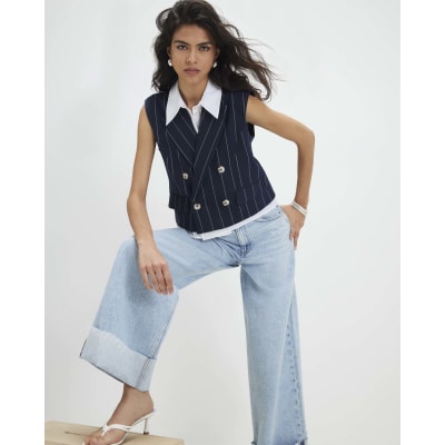 Navy Boxy Pinstripe Hybrid Waistcoat