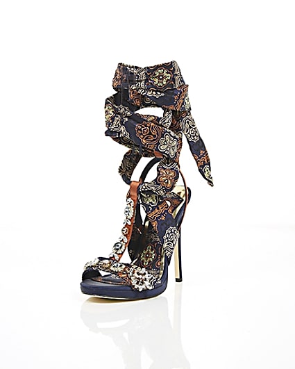 360 degree animation of product Navy butterfly print satin heeled sandals frame-1