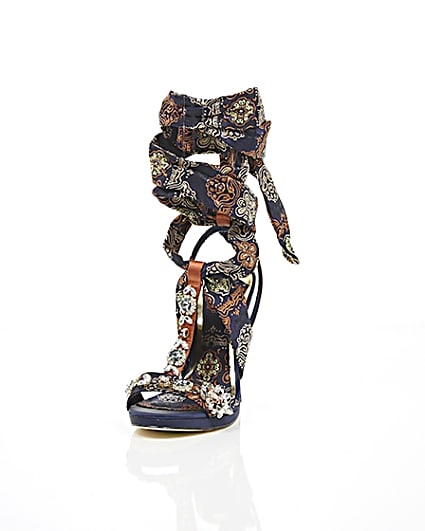 360 degree animation of product Navy butterfly print satin heeled sandals frame-2