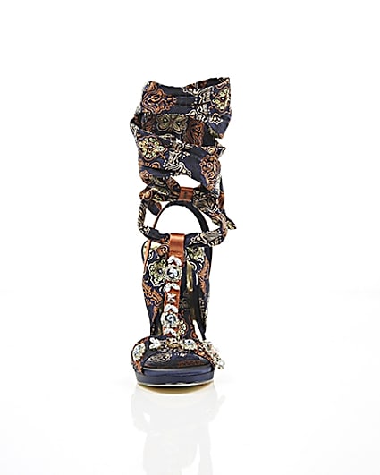 360 degree animation of product Navy butterfly print satin heeled sandals frame-4