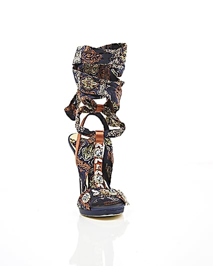 360 degree animation of product Navy butterfly print satin heeled sandals frame-5