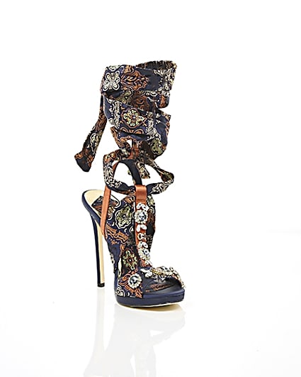 360 degree animation of product Navy butterfly print satin heeled sandals frame-6