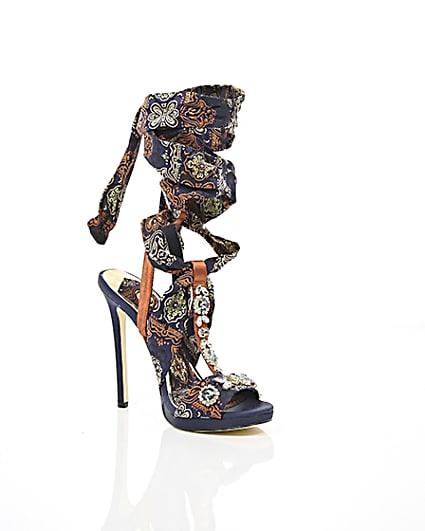 360 degree animation of product Navy butterfly print satin heeled sandals frame-7