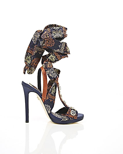 360 degree animation of product Navy butterfly print satin heeled sandals frame-10