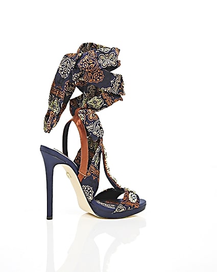360 degree animation of product Navy butterfly print satin heeled sandals frame-11