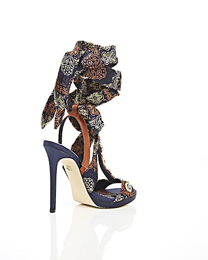 360 degree animation of product Navy butterfly print satin heeled sandals frame-12
