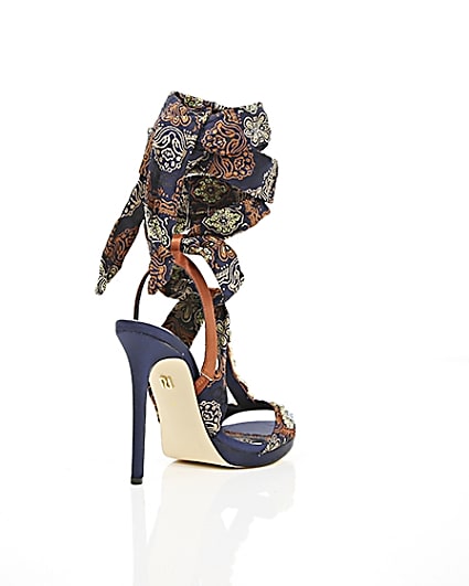 360 degree animation of product Navy butterfly print satin heeled sandals frame-13