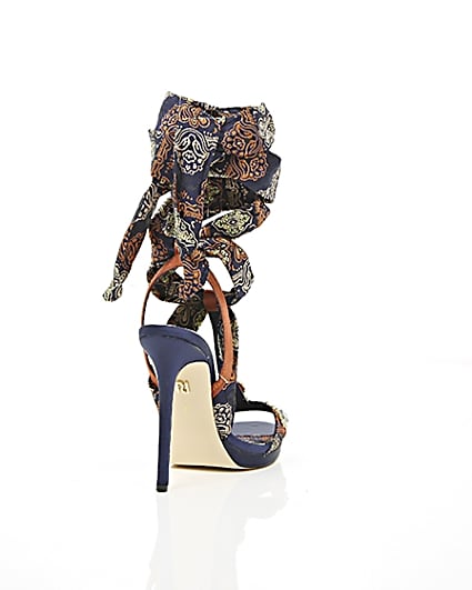 360 degree animation of product Navy butterfly print satin heeled sandals frame-14