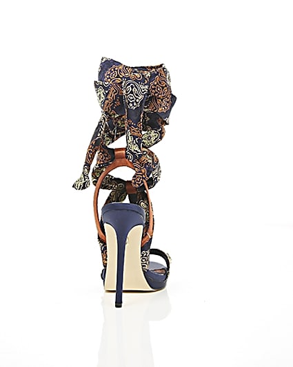 360 degree animation of product Navy butterfly print satin heeled sandals frame-15