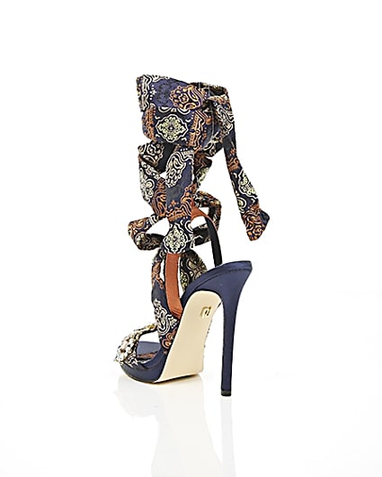 360 degree animation of product Navy butterfly print satin heeled sandals frame-18
