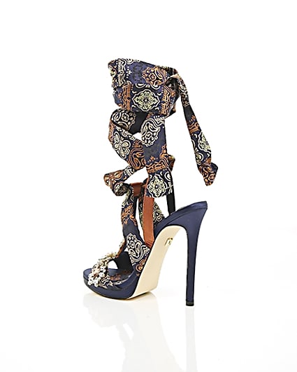 360 degree animation of product Navy butterfly print satin heeled sandals frame-19