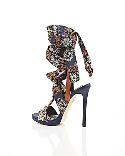 360 degree animation of product Navy butterfly print satin heeled sandals frame-20