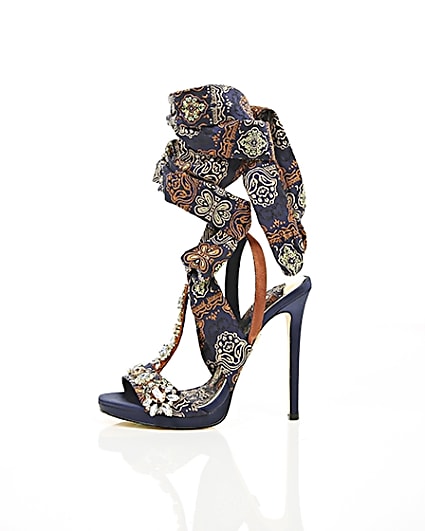 360 degree animation of product Navy butterfly print satin heeled sandals frame-22