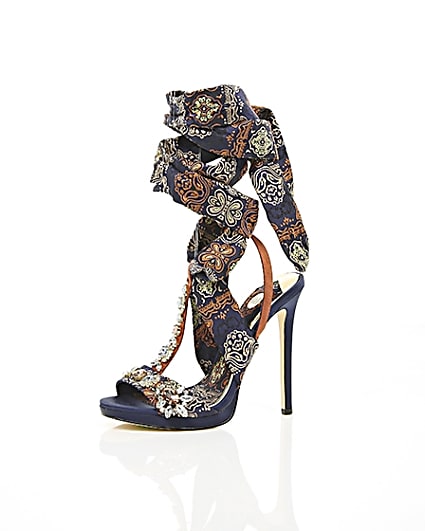 360 degree animation of product Navy butterfly print satin heeled sandals frame-23