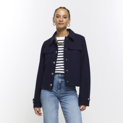 Navy button detail crop jacket | River Island