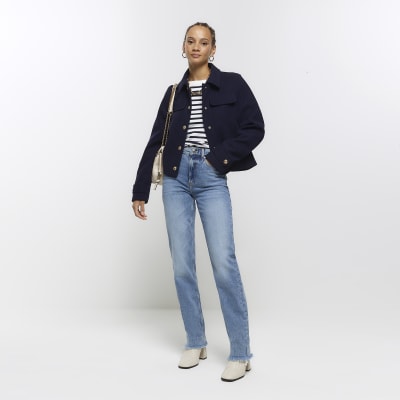 Navy button detail crop jacket | River Island