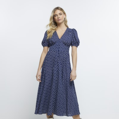 Navy Button Tea Midi Dress | River Island