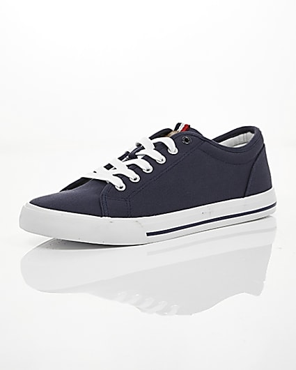 360 degree animation of product Navy canvas lace-up plimsolls frame-0