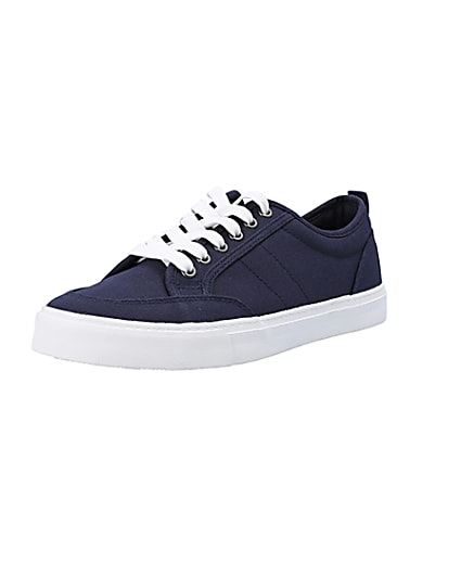 360 degree animation of product Navy canvas lace up trainers frame-0