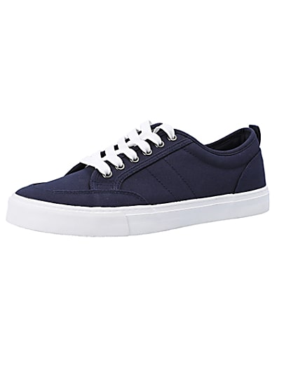 360 degree animation of product Navy canvas lace up trainers frame-1