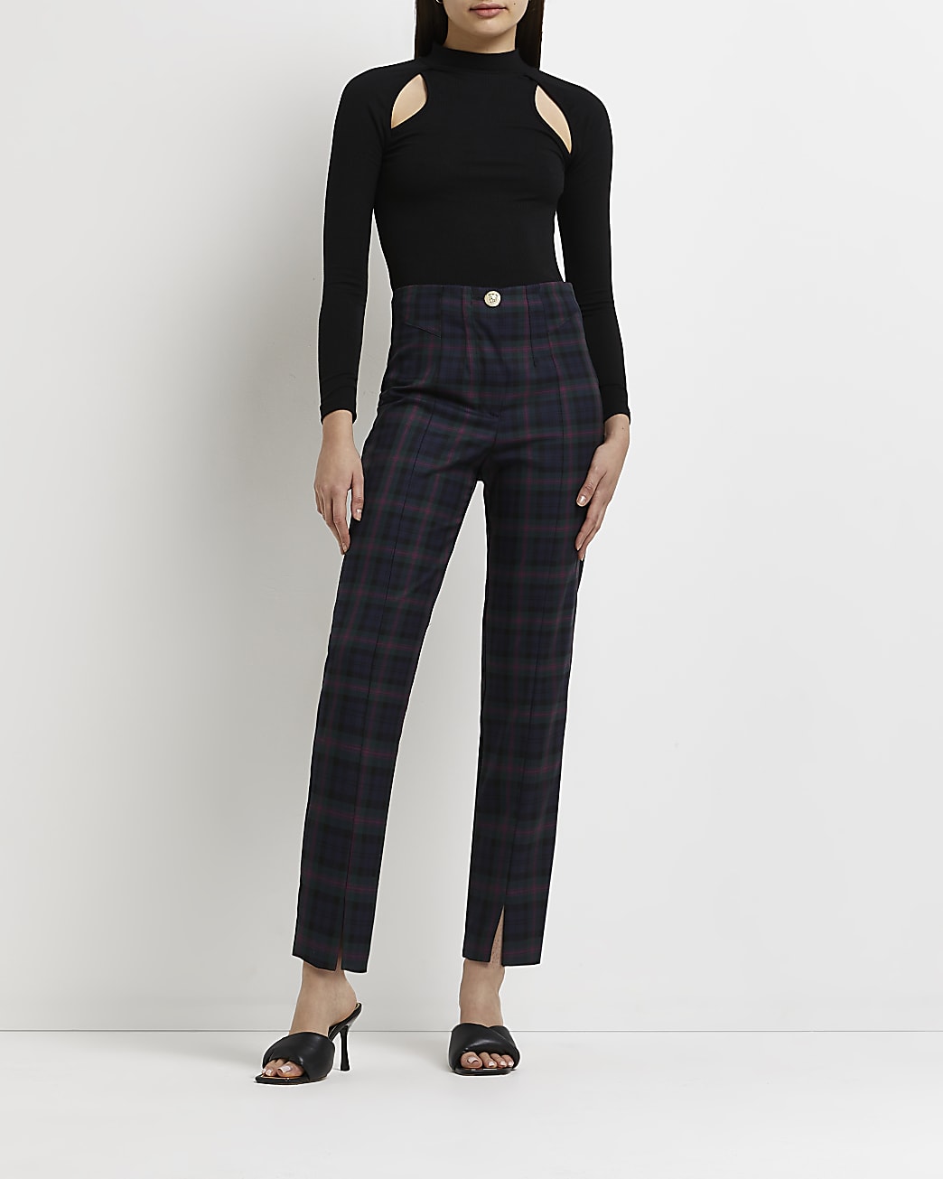 Navy check print split front trousers