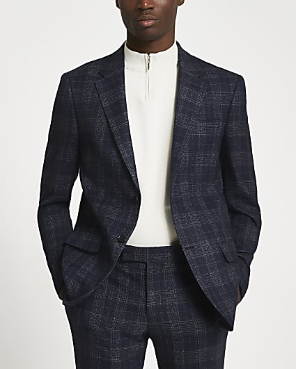 Navy check skinny fit suit jacket